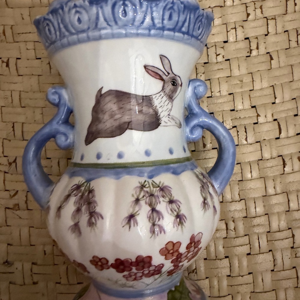 Bunny Blue and White Ceramic Art Piece Urn / Vase Dana Design Meadow - Picture 7 of 8